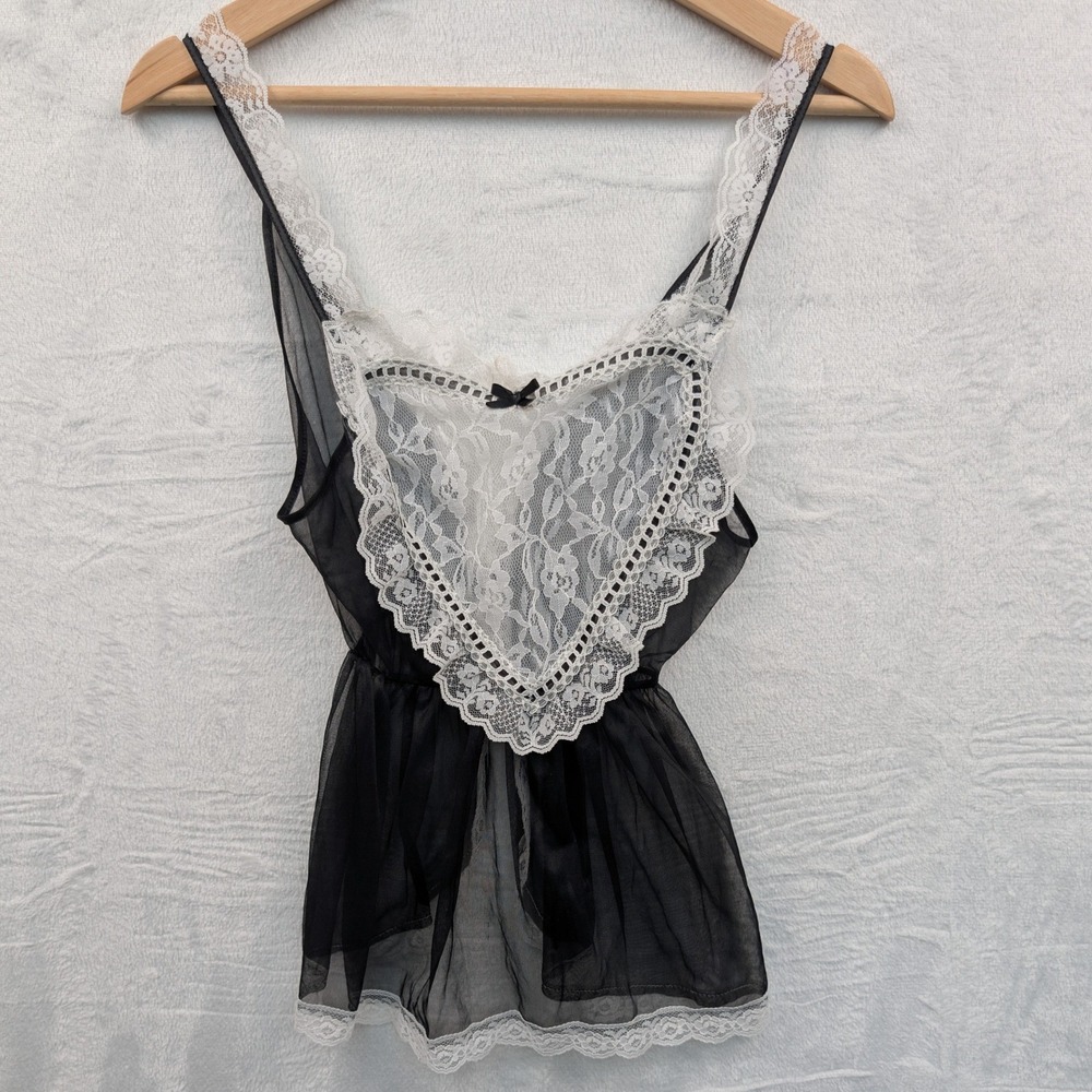 VTG Babydoll Lingerie Women's Medium Black Lace Trim Coquette Sheer Maid 90s
